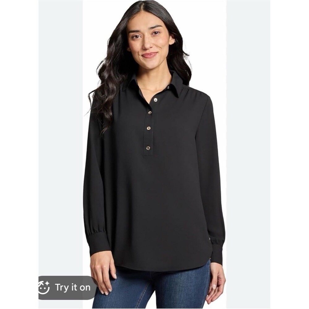 Women's Black Long-Sleeve Button-Front Blouse